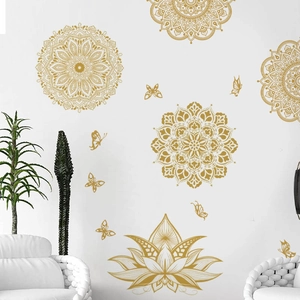 Golden mandala and lotus wall stickers with butterflies for living room home decor