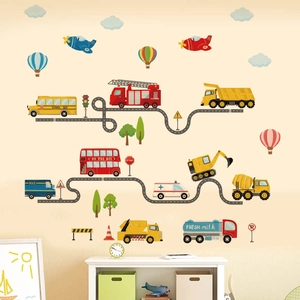 Adesivi murali veicoli cartoon con scuolabus e camion per decorazione camera bimbi