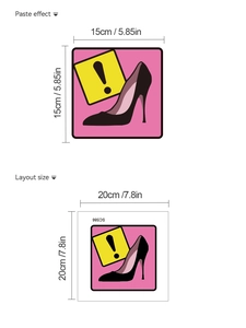 Detail showing dimensions and layout of the pink high heel exclamation wall sticker