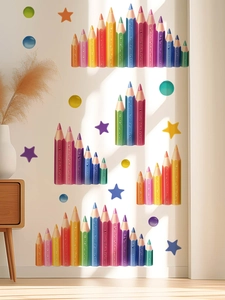 Rainbow colored pencil wall decals in a bright living room with natural light shadows