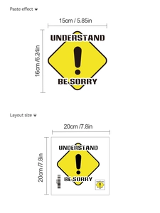 Detail showing self-adhesive PVC traffic sign wall sticker with layout size measurements