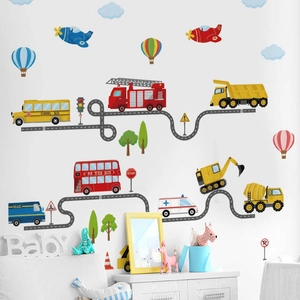 Adesivi murali cartoon per bambini con trasporti, autobus, auto e segnaletica