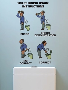 Détail de l'autocollant humoristique pour brosse WC sur fond de mur bleu de salle de bain