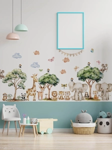 Nursery wall decals set featuring watercolor animals like giraffes, elephants and lions