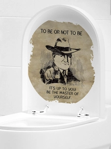 Detail of vintage PVC toilet cover sticker featuring To Be Or Not To Be quote and portrait