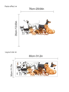 Vista dettagliata degli adesivi murali cani con effetto applicazione e dimensioni