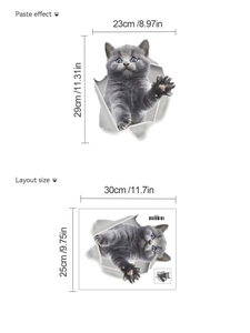 Dimensions du sticker mural chat 3D montrant l'effet de pose et le format de mise en page