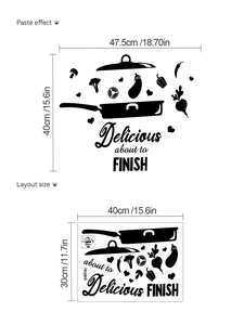 Kitchen wall sticker layout and paste dimensions showing vegetables and cooking quote