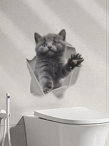 Sticker mural 3D représentant un chaton gris sortant d'un mur cassé avec effet réaliste