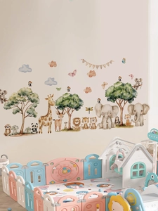 Detail of watercolor jungle animals wall stickers with giraffe and elephant in kids room