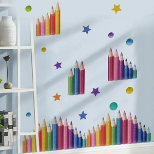 Colorful pencil wall decals with vibrant stars and dots for a creative living room decor
