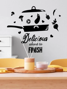 Detail of kitchen wall decal with frying pan and vegetables with Delicious text