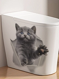 Sticker mural 3D chat mignon sortant d'une fissure sur une surface blanche décorative