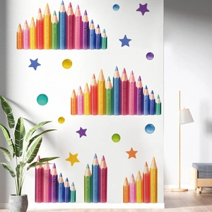 Colorful pencil wall decals with stars for kids room, creative PVC self-adhesive wall art