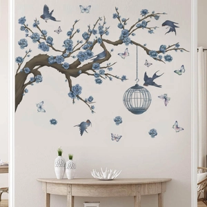 Blue Flower Birdcage Wall Stickers PVC Plant Tree Branch Bird Butterfly Decal For Living Room Bedroom Sofa Background Decor