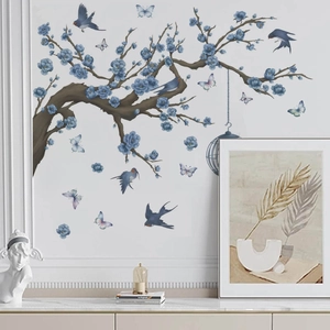 Floral wall sticker with blue flowers birdcage and flying birds for home decor