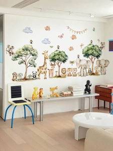 Macro view of watercolor animal wall stickers featuring giraffe and elephant in a nursery