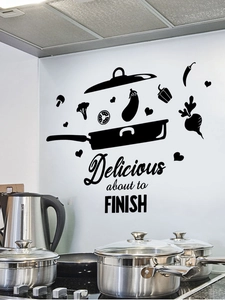 Detail of black kitchen wall sticker with wok, vegetables and delicious phrase
