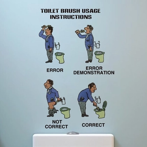 Sticker mural rigolo en PVC imperméable montrant l'usage d'une brosse de toilettes