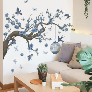 Floral wall stickers featuring plum blossom branches, blue flowers and birds for living room