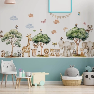 Cartoon Jungle Animal Wall Stickers PVC Watercolor Giraffe Elephant Lion Tree Removable Nursery Kids Room Decor