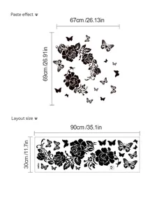 Size chart showing layout of black floral wall sticker with rose and butterfly motifs