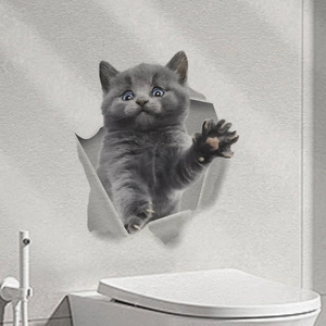 Sticker mural 3D petit chat gris mignon avec effet de mur brisé pour salon ou salle de bain