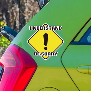 Yellow diamond caution sticker for car decoration with exclamation mark and English text