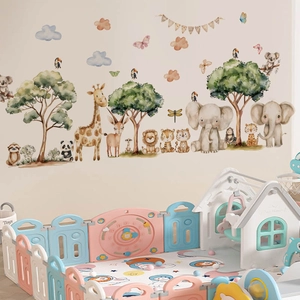 Watercolor forest animal wall decals featuring giraffe and elephant for nursery decor