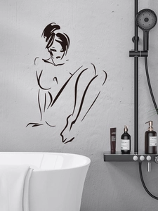 Sticker mural noir minimaliste silhouette féminine abstraite sur un mur de salle de bain