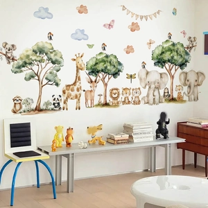 Hand-painted watercolor safari animals wall sticker set for kids room decor with giraffe and lion