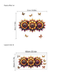 Detail showing sunflower and butterfly wall sticker layout and application size guide