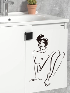 Sticker mural minimaliste avec silhouette féminine en traits noirs sur meuble blanc