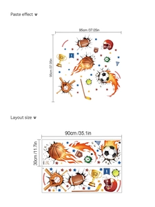 Detail view of 3D sports ball wall decals showing layout size and installation effect