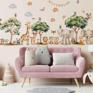 Watercolor animal wall decals featuring giraffe and elephant for nursery room decor