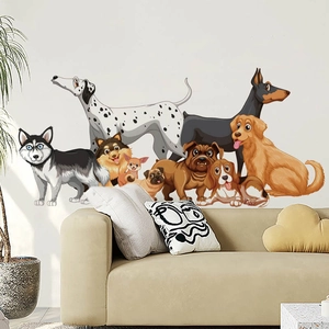 Adesivi murali cuccioli di cartoni animati per soggiorno con varie razze di cani decorativi