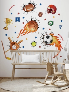 3D sports wall decals featuring fire soccer and basketball breaking through walls for decor
