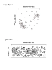 Detail view of floral wall sticker showing paste effect and layout dimensions