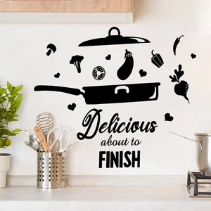 Black kitchen wall decal with Delicious about to FINISH text and vegetable silhouettes