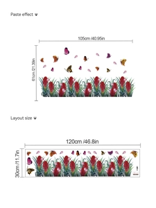 Detailed wall sticker layout size and paste effect of red flowers and butterflies