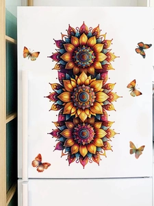 Vibrant mandala sunflowers and 3D butterfly wall stickers on a white refrigerator