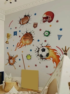 3D sports wall decals featuring flaming basketball and football in a boy's bedroom