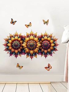 Detailed view of colorful mandala flowers and butterflies wall stickers on white living room wall