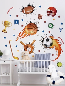 Detailed 3D sports wall stickers on white nursery wall featuring basketball and soccer