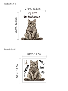 Detail showing tabby cat wall sticker dimensions and the Quiet No loud noise message