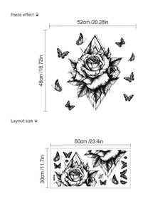 Detailed dimensions for black rose wall stickers showing layout and paste size