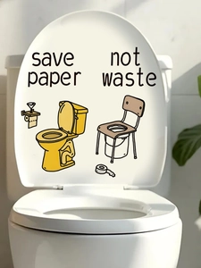 Detail showing 'save paper' eco-friendly vinyl decal on a white toilet lid surface