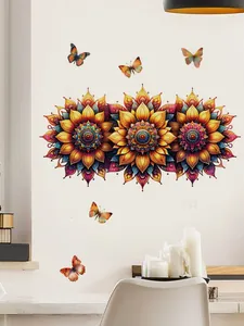 Detail of vibrant sunflower and mandala wall decals with colorful butterfly stickers