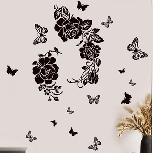 Black Rose Flower Butterfly Wall Sticker Removable PVC DIY Wall Decal For Living Room Bedroom Home Decoration