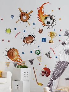 3D sports wall stickers featuring basketball and football with realistic broken wall effect